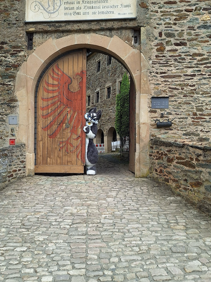 Aléa steht in einer alten Burg halb hinter einem großen hölzernen Tor, auf dem ein stilisierter roter Adler zu sehen ist. Sie hält sich am Tor fest und lächelt in die Kamera.