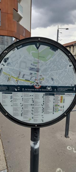 Une carte/plan de ville sur un disque mobile que l'on oriente vers la destination souhaitée. La destination est codée par un index qui relie nom de lieu / poi et coordonnées de cadran. Le gouvernail est mobile sur son axe vertical. Un système de transmission fait alors tourner la carte sur son moyeu.