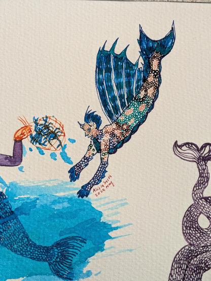 A merman with a great sail like dorsal fin dives. He has multicoloured scales, and a crest on his head.