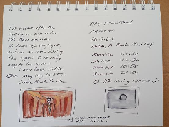 Text about waning moon and tiny sketches of waning crescent and RM in corridor from MV
