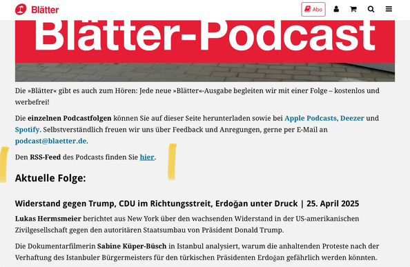 Screenshot der Seite „Blätter für deutsche und Internationale Politik“ mit Hinweis auf den eigenen Podcast inklusive eines Hinweises auf den RSS-Feed dazu, den ich gelb markiert habe.