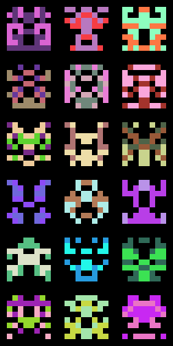 a 3x6 grid of multicolored 8x8 pixel aliens a la space invaders