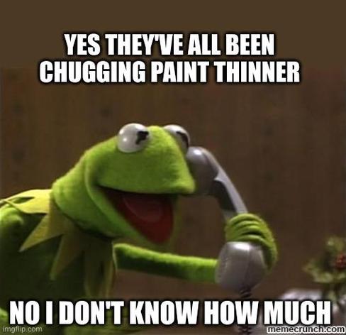 "Kermit on telephone" meme

"YES THEY'VE ALL BEEN CHUGGING PAINT THINNER"
"NO I DON'T KNOW HOW MUCH "