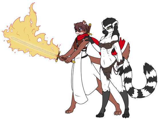 A male stout in robes and armor stands prepared to fight with his flaming sword, while a female lemur in tattered clothing stands reassuringly at the ready to join the fray.