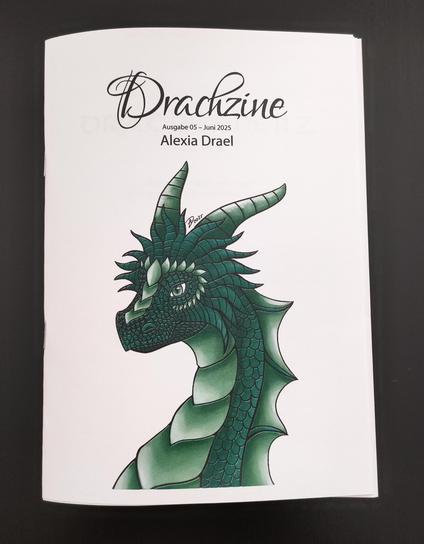 Ihr seht hier mein Zine namens Drachzine, die 5. Ausgabe. Auf dem Cover ist ein grüner Drachenkopf. 
Alle drei Monate veröffentliche ich mein Drachzine und sende es meinen Lesern und Leserinnen zu. Aktuell ist die Geschichte Drachenherz enthalten, die im Genre Fantasy von mir geschrieben wird.