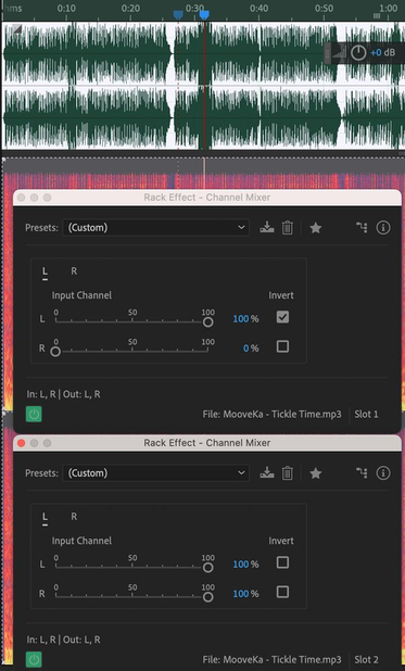 Adobe audition showing waveform of the tune and two channel mixer rack effects. One inverts the L channel and the other adds 100 % L and R to L out.