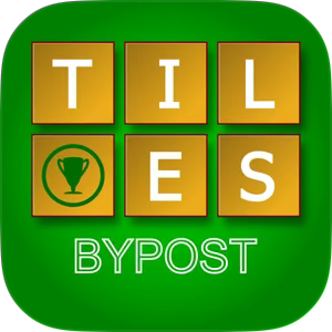 The image features a green square with rounded corners, resembling an app icon. The background is a solid green color. In the center, there are six golden squares arranged in two rows of three. Each square contains a white letter: the top row has "T," "I," and "L," and the bottom row has "E," "S," and a trophy icon encircled by a green ring. Below the squares, the text "BYPPOST" is displayed in white capital letters. The overall design suggests a game or application related to word puzzles.