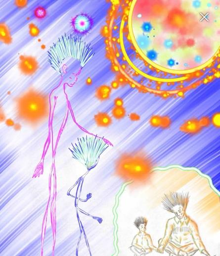 An imagined artwork for the 5th Dimension in which people are just 2 dimensions in shape and sunlight is blue. Firey, yellow and blue orbs of light float everywhere.