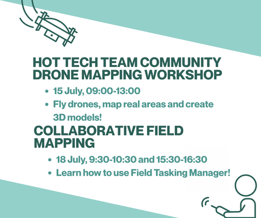 A graphic introducing side events Community Drone Mapping Workshop and Collaborative Field Mapping.