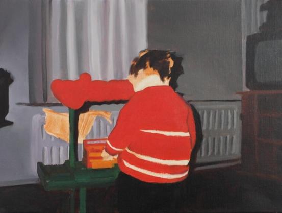 Image: Fionnuala Loughrey, Hygieia, 2025, Japanese ink on Fabriano cold-pressed paper, 238 x 84cm,Image courtesy of the artist | image appears to be based on a flash-photo of a child at a game of some sort; we see the child’s back – dark and orange hair, pale neck or whie collar, very red top with some white horizontal stripes towards the bottom of the top; the child is at some sort of of small tabble or something like a small shop-front; there appears to be an old-fashioned cash register that the child is touching with left hand; behind all this is a wall-mounted very long white radiator from a central-heating system, and a white curtain; on the right edge of the image we see an old-style TV set on a wooden set of shelves; the style is realistic, but somewhat blurred; there are very strong shadows, because of the flash • “Students studying on the Resolution modules at the RHA School are holding a group exhibition of their work on the third floor of the RHA to coincide with the…”