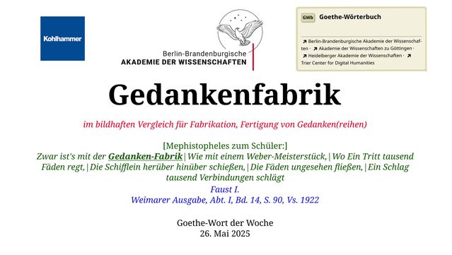 Im oberen Bereich der Grafik: Logo des Kohlhammer Verlags, Logo der Berlin-Brandenburgischen Akademie der Wissenschaften, Schaltfläche "GWb Goethe-Wörterbuch" aus dem Wörterbuchnetz
Darunter, Ausrichtung zentriert:
Gedankenfabrik

im bildhaften Vergleich für Fabrikation, Fertigung von Gedanken(reihen)

[Mephistopheles zum Schüler:]
Zwar ist's mit der Gedanken-Fabrik|Wie mit einem Weber-Meisterstück,|Wo Ein Tritt tausend Fäden regt,|Die Schifflein herüber hinüber schießen,|Die Fäden ungesehen fließen,|Ein Schlag tausend Verbindungen schlägt

Faust I.
Weimarer Ausgabe, Abt. I, Bd. 14, S. 90, Vs. 1922

Goethe-Wort der Woche
26. Mai 2025