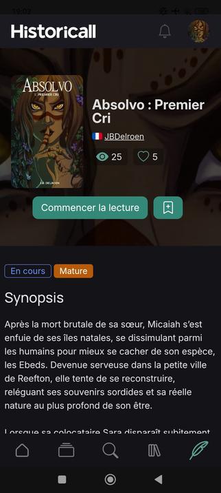 Interface de l'application de Historicall.me avec la présentation de Absolvo. Sobre (il y a un mode clair aussi) et plutôt ergonomique !