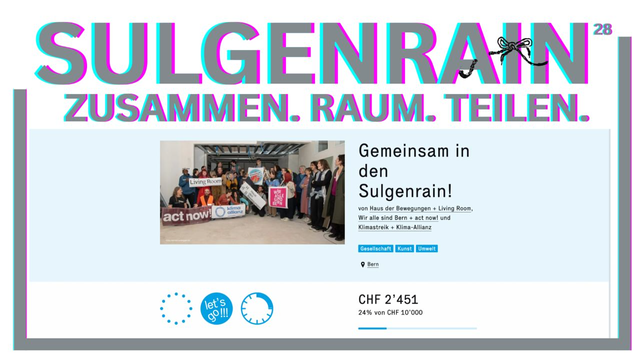 SULGENRAIN 28. Zusammen. Raum. Teilen.
Darunter ein Screenshot der wemakeit-Seite. Auf einem Foto sind Mitglieder der Beteiligten Kollektive zu sehen. Sie halten Banner und Plakate von act now, KlimaAllianz, Living Room, Klimastreik und anderen.