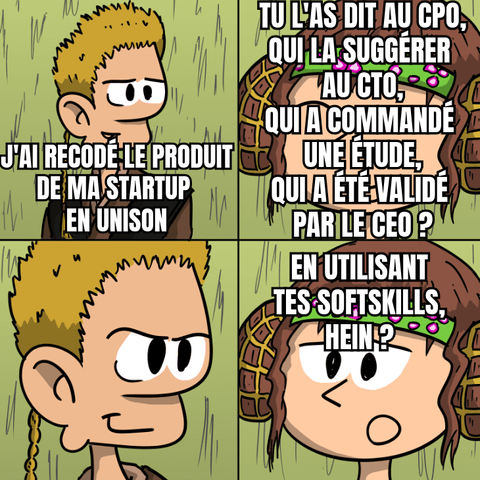 Mème : Anakin Skywalker dit « j'ai recodé le produit de ma startup  en unison ». Padmé répond, sereine : « Tu l'as dit au cpo, qui la suggérer  au cto, qui a commandé  une étude, qui a été validé  par le ceo ? ». Anakin a un sourire flippant. Padmé, moins rassurée, dit : « En utilisant tes softskills, hein ? ».
