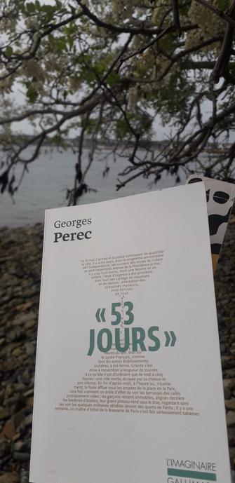 Couverture du roman inachevé de Georges Perec, 《53 jours》. Éditions L'imaginaire Gallimard. 
Photo prise sur une grève au bord de la mer en Bretagne Nord avec les robiniers en fleurs.