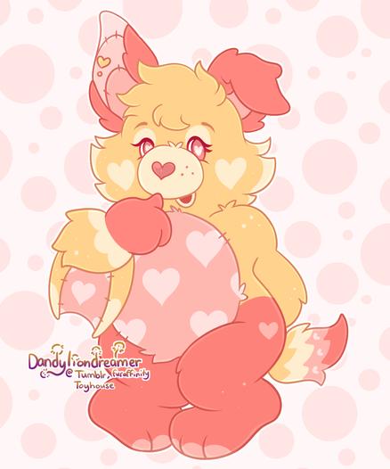 my oc pink lemonade, a strawberry lemonade themed bat fursona, redesigned as a carebear

they have pink bat ears, and ping stomach and wings under the arms, tere is alight pink heart pattern on them, the legs are also pink

the face and arms are colored yellow with pink hands, eyes, and nose