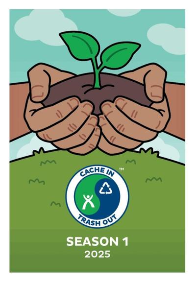 Two hands holding dirt saying Cache in trash out. From the Geocaching app