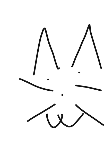Very simple cat doodle minimalist ears whiskers nose mouth and single dot eyes. Very few lines.