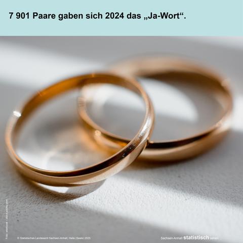 Foto zeigt zwei übereinanderliegende goldene Ringe als Symbolbild für Eheringe. Text: 7901 Paare gaben sich 2024 das "Ja-Wort".