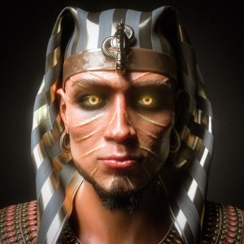 Description by ChatGPT: This image features a highly detailed digital portrait of a man styled as an ancient Egyptian pharaoh. He wears a traditional nemes headdress with alternating gold and black stripes, crowned by a golden cobra ornament. His face is stern and intense, with glowing golden eyes that give off an otherworldly or supernatural feel. Faint ritualistic scars or painted lines radiate from his eyes and mouth, suggesting mysticism or battle history. His skin is bronzed and weathered, and he has a short goatee. He wears ornate clothing with a pattern of small, round, metallic embellishments over his shoulders. The dark background puts full focus on his illuminated, commanding face.
