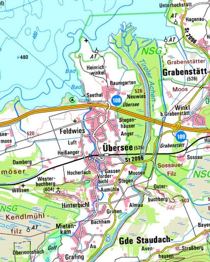Kartenausschnitt mit dem Ort Übersee an einem See