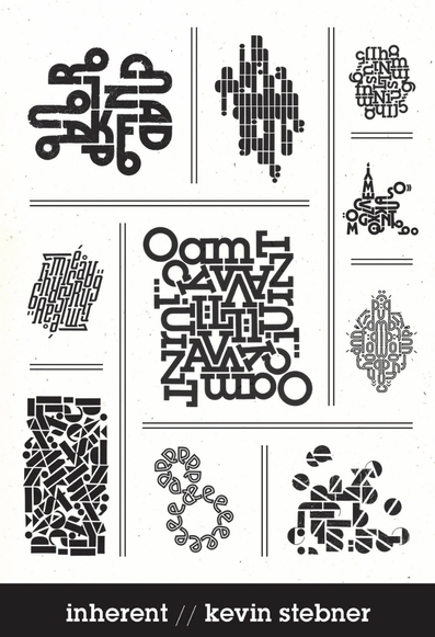 Book cover for Inherent by Kevin Stebney (Assembly Press), typography broken down into its most basic (and beautiful) forms to reveal the inherent voice within each shape. The cover shows some letters arranged beautifully to form concrete poems. https://assemblypress.ca/shop/inherent