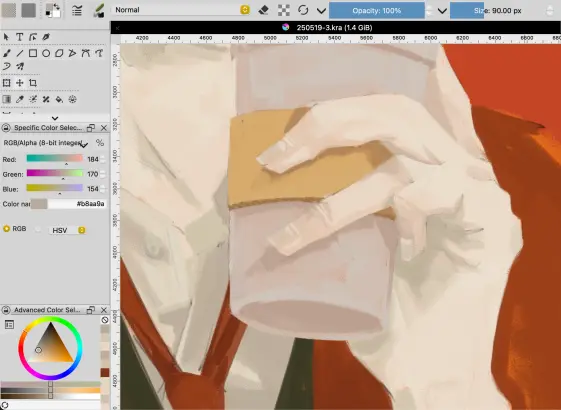 A Krita screenshot, closeup of a hand holding a coffee  cup.