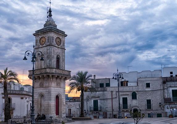 Square at sunset in Ceglie Messapico in Puglia, Italy