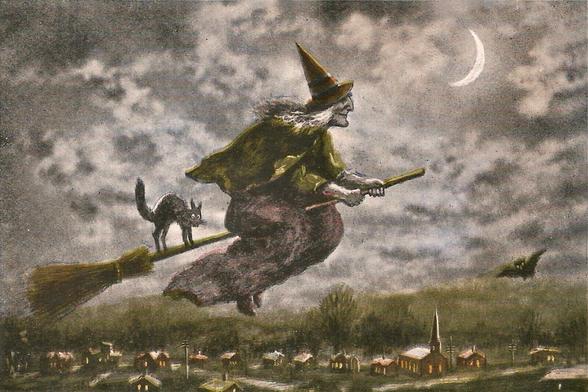 Victorian Flying Witch with Black Cat on Broomstick Painting