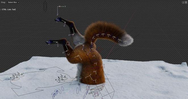 Screenshot from Blender of a 3D fox who jumped into snow.