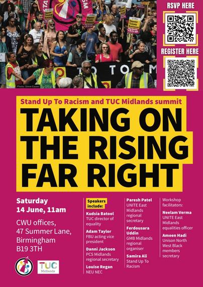 Flyer in pink and yellow with a pic of a crows of protestors against racism and the far right. The text is the same as in the header post.