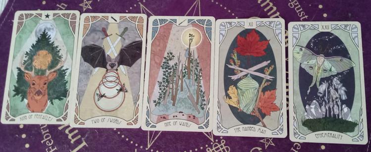5 card reading using the Forager's Daughter Tarot Reading on a dark purple wheel of the year cloth. L-R: King Pentacles, 2 Swords, 9 Wands, Hanged Man, Ephermality.