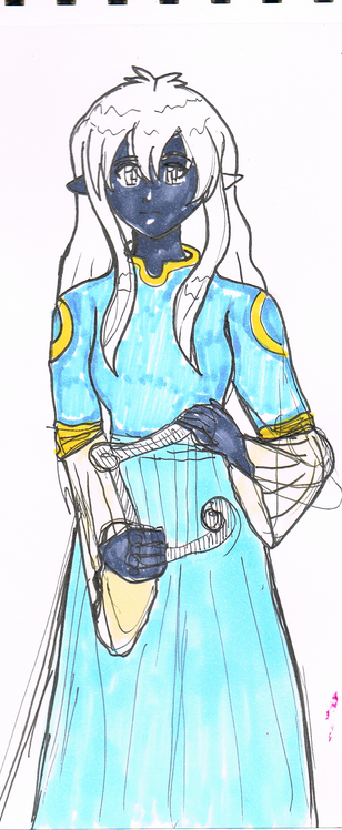 A elfess looking at you, she has dark blue-greyish skin, white hair and white eyes. Her dress is of blue colours with a round yellow donut decoration at the shoulders and a yellow seam at the neck and at the elbows where the sleeves turn larger. The blue trousers are wide and look like a skirt. The elfess holds a harp in her hands.