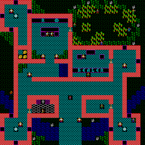 Screenshot of xu4 showing a town map. The town consists of a large walled-in area with several semi-enclosed rooms, with various NPCs scattered around, and a prominent central room labelled "HEALER". Woods surround the town, and two guards stand aside the large entrance to the south.