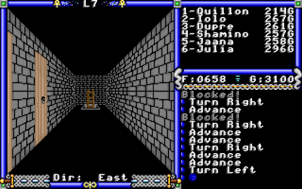 Screenshot of a dungeon in xu4, showing a classic CRPG view with a large first-person view of a dungeon passage and stat and message panels on the right. The dungeon is a claustrophobic brick passage with closed wooden doors to one side and a ladder leading below in the distance. Stat panels show 6 player characters, and the message log shows previous moves like turning left or right and advancing.