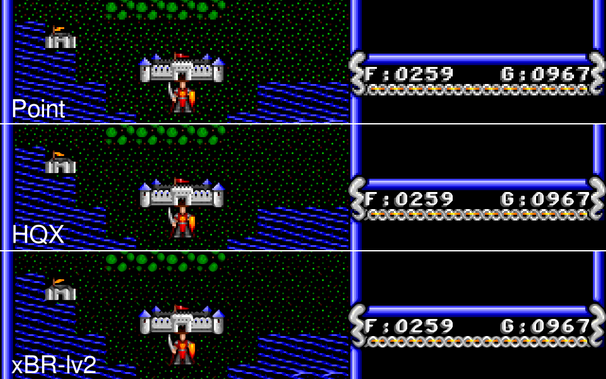 Screenshot comparing various pixel scalers in xu4, with the same overworld map view of the player outside a town, on a peninsula. Shown are Point, HQX and xBR-lv2 pixel scalers.