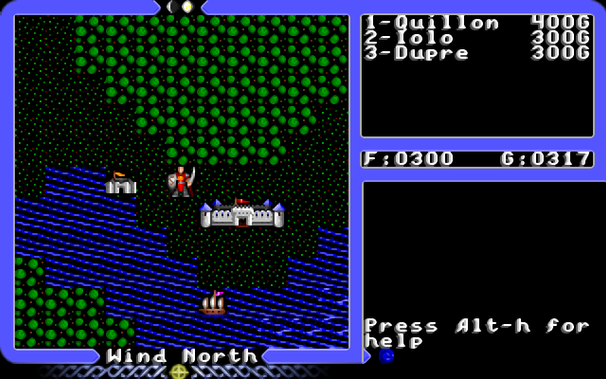 Screenshot of xu4 showing the overworld map. The player is in an area nearby two towns, a water feature, and woods cover most of the land area. A ship is in the distance in the water. A message panel to the side shows other stats like player characters and the amount of gold.