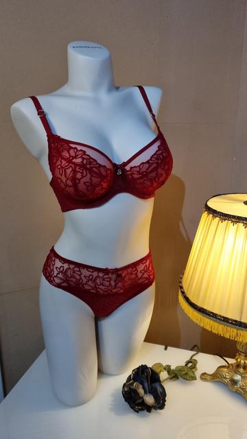 Eine Puppe trägt ein rotes Spitzen Set. Der BH und der Sting sind mit rotem Blumen-Samtprint. Der BH ist am Dekolleté transparent mit roten Abschlüssen, so dass es so wirkt, als hätte der BH Bänder.