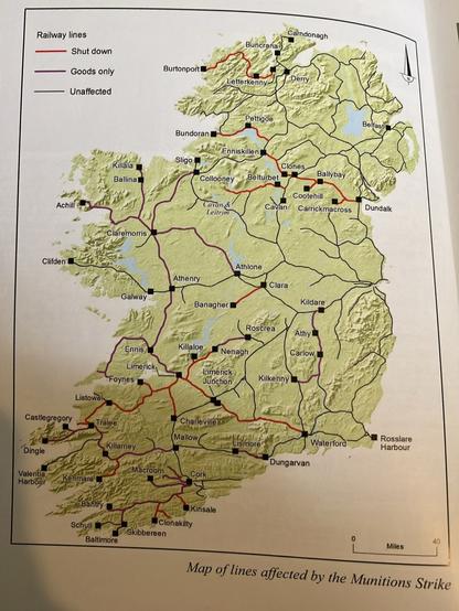 Map to show train routes that were shut down or permitted goods only during the 1920 strike. Lines around Dublin and Belfast are the least affected.