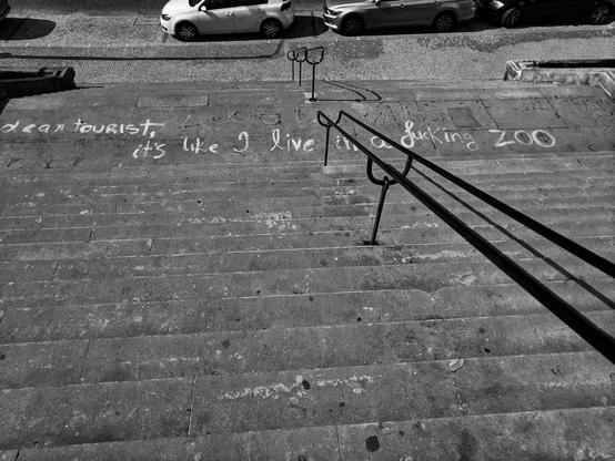 The image is a black and white photograph showing a set of stone steps leading upwards. Graffiti is scrawled across the steps, reading "dear tourist, it's like I live in a fucking zoo". The steps are bordered by a metal railing that casts a strong diagonal shadow across the scene. At the top of the steps, two cars are parked on a street. The overall impression is one of urban decay and social commentary.