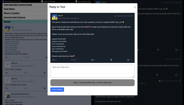 screenshot of fedialgo showing threaded feature in background and reply box in foreground