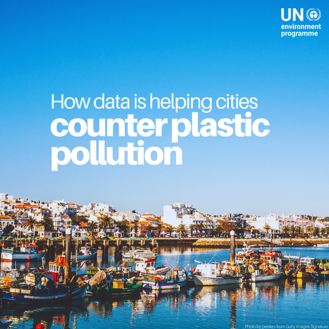 A city along the water and text saying "How data is helping cities counter plastic pollution"