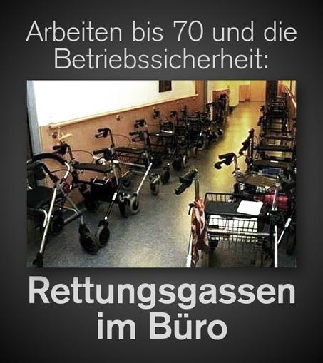 Foto aus einem Pflegeheim, in dem ein Gang auf beiden Seiten voller Rollatoren steht, so dass man gerade noch durchkommen kann. Dazu der Text: »Arbeiten bis 70 und die Betriebssicherheit: Rettungsgassen im Büro«.