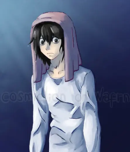 Digital fully rendered illustration of L Lawliet from Death Note, drawn from the hips up. It is a redraw of a screencap of an episode. He has a greyish pink towel draped over his head and his hair is dripping water. He is hunching forward with a blank stare. The background is dark blue and there is some light coming from the upper left corner of the picture.