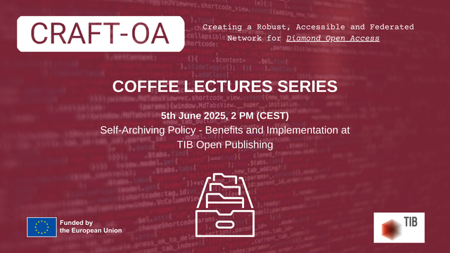Magenta background without of focus faded typed text. CRAFT-OA logo and tagline at the top; event title and time in middle with logo of files in a drawer. European commission logo and TIB logo at bottom.