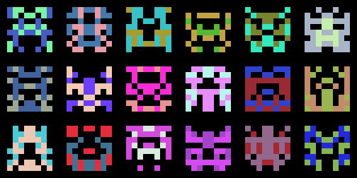 a 6x3 grid of multicolored 8x8 pixel aliens a la space invaders