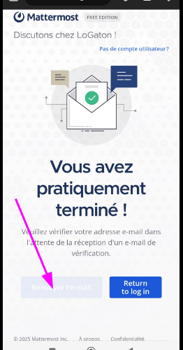 Impression écran du client Mattermost qui montre une page mais il faut cliquer sur un bouton qui apparait comme désactivé, mais qui ne l'est pas...