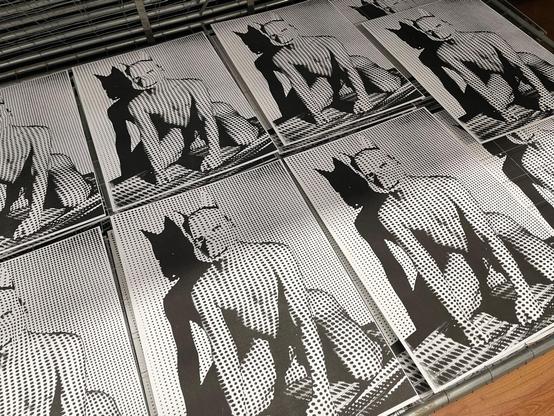 Eight prints lie next to each other in a drying rack. The pictures all show the same motif: a naked, muscular person kneels with a dog mask on their head in the projection of a grid. The person can be recognised by the deformation of the grid and their shadow.