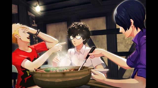 Screenshot auf Persona 5 Royal.
Dargestellt ist das gemeinschaftliche Hot Pot mit Ryuji, Ren und Yusuke. Vom Dampf des Hot Pots ist Rens Brille beschlagen.