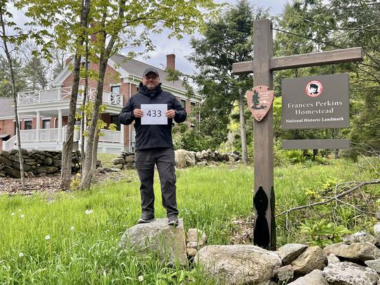 Scott holding 433 sign at Frances Perkins homestead sign. (No NPS sign yet)